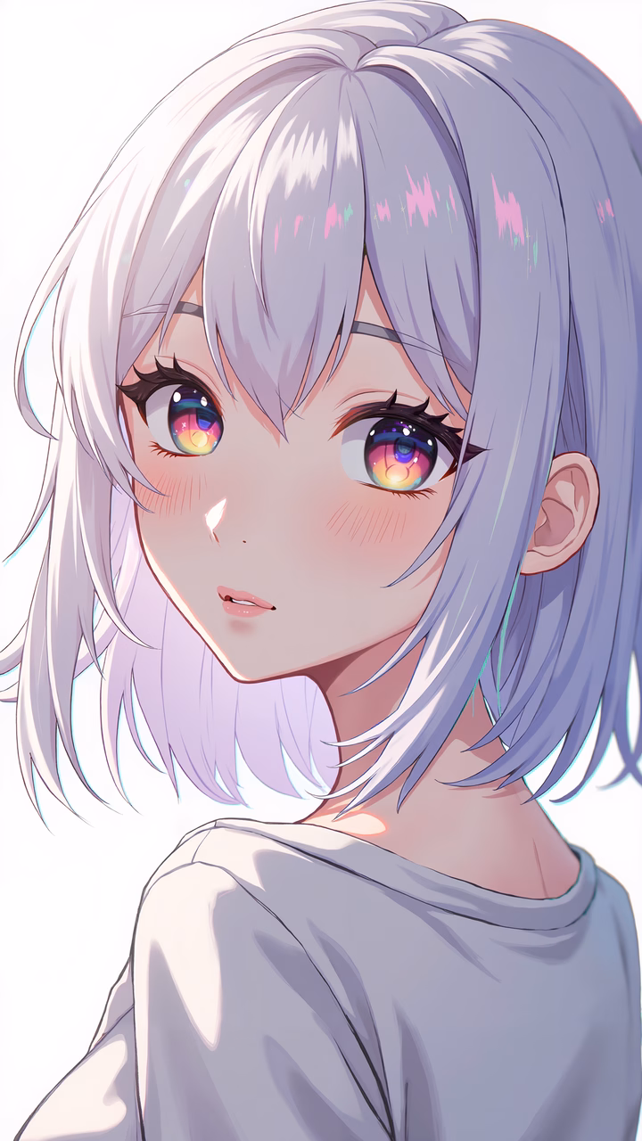 A serene anime portrait with pastel hair and multicolored eyes.