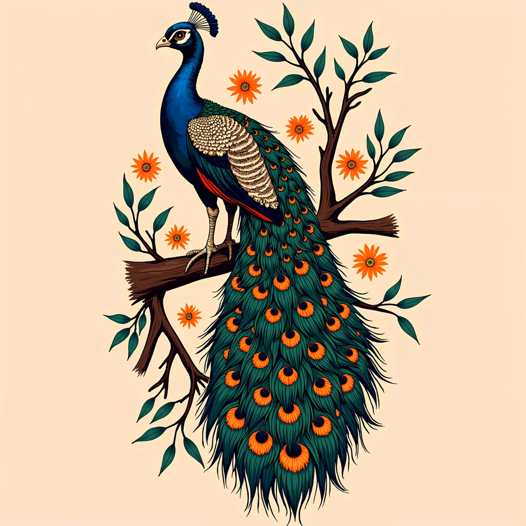 Vibrant peacock illustration with intricate feather patterns and delicate flowers.