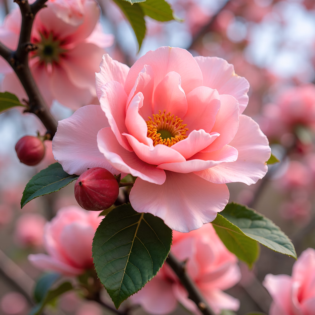 Close-up of a delicate pink blossom with soft petals and vibrant yellow center.
