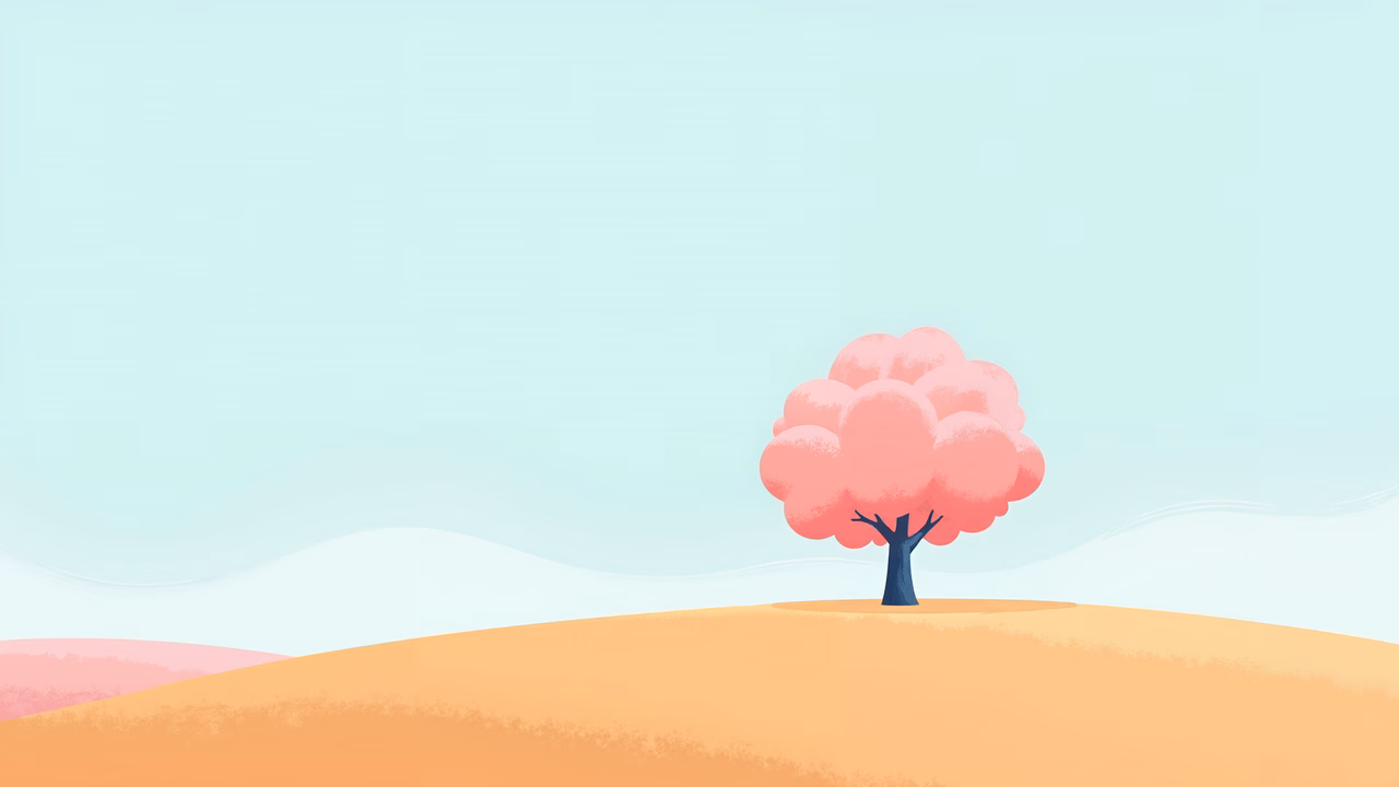 A solitary pink tree on a golden hill under a soft, pastel sky.