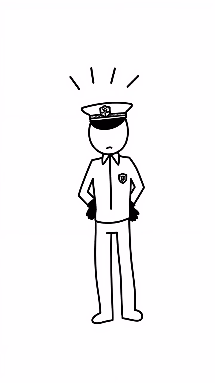 Minimalist cartoon depiction of a police officer standing confidently.