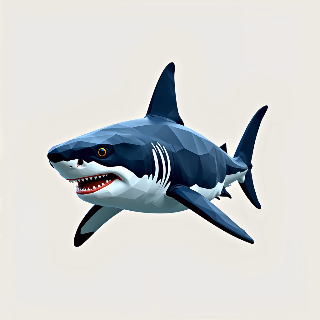Polygonal shark with sharp teeth and intense gaze.