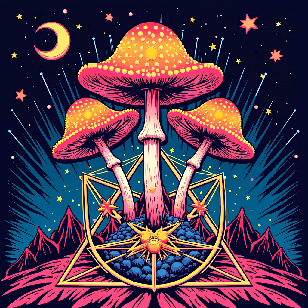 Psychedelic mushrooms in a cosmic pentagram setting, vibrant and surreal.