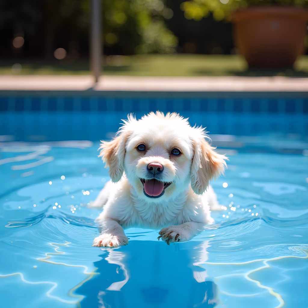 A playful puppy enjoying a sunny day by the pool.