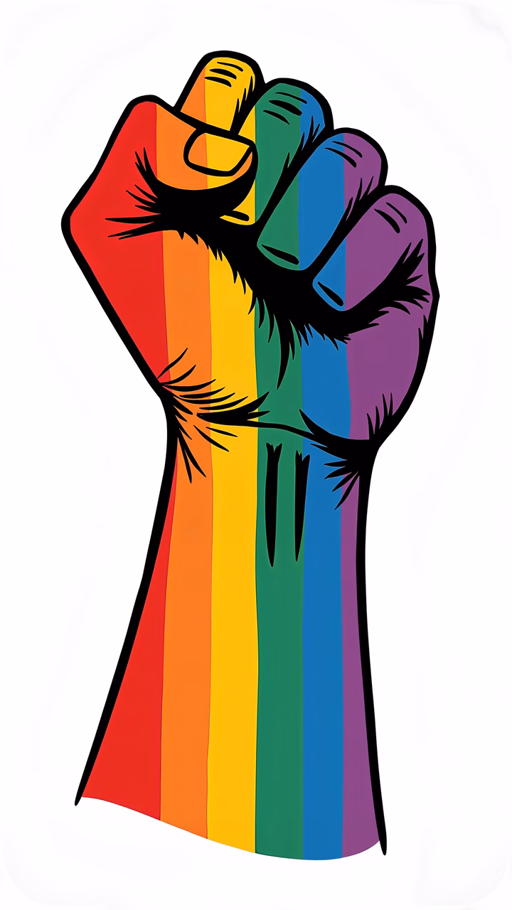 A bold, rainbow-colored fist symbolizing pride and solidarity in a minimalist design.