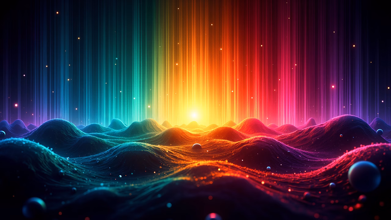 A colorful, futuristic landscape with a glowing sun and floating spheres.