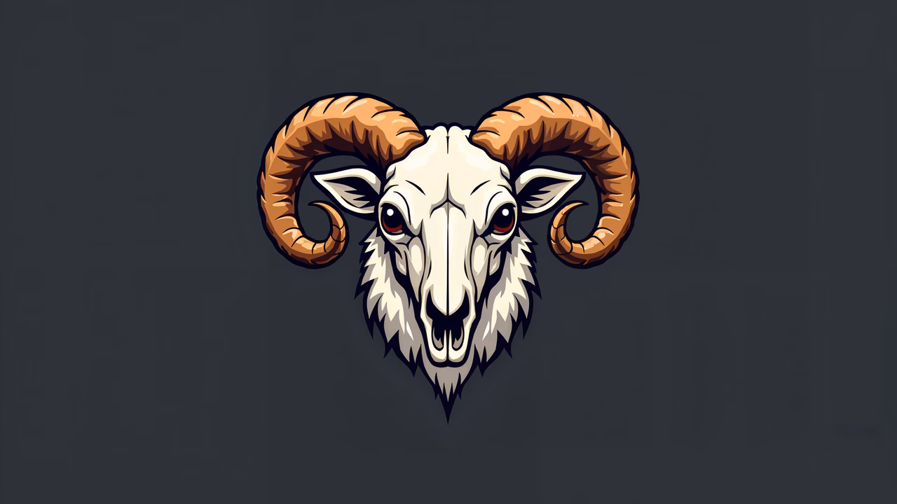 Detailed ram skull illustration with red eyes and dark background.