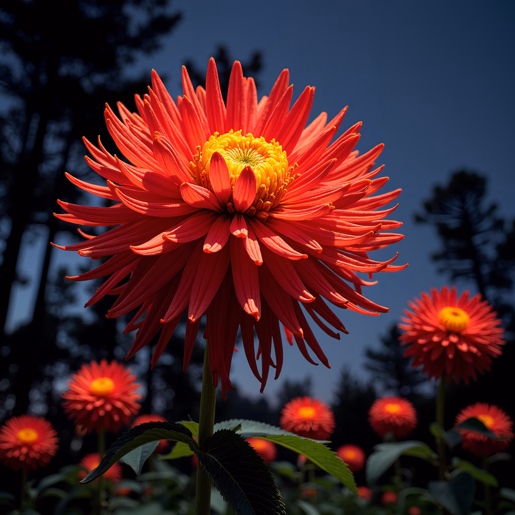 Vibrant red dahlia with yellow center, close-up floral photography