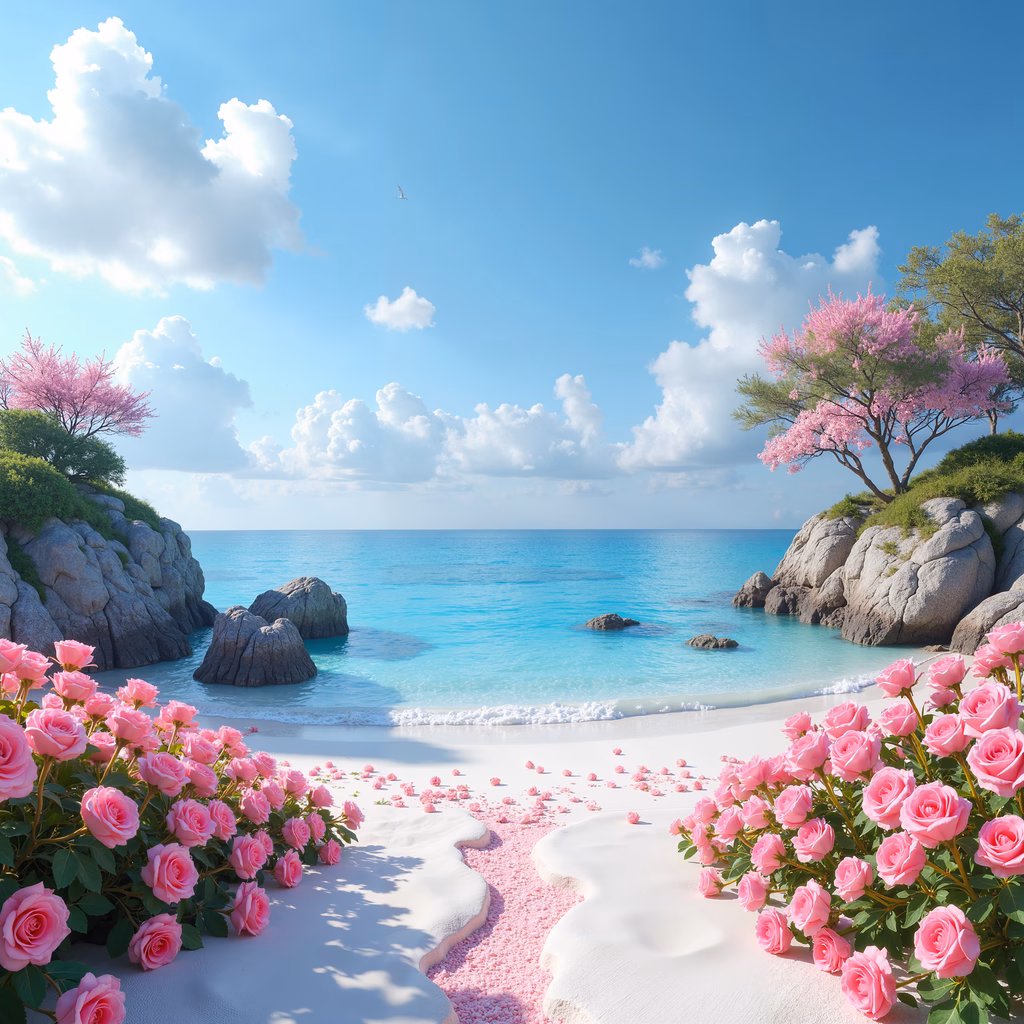 Romantic beach with pink roses and turquoise waters