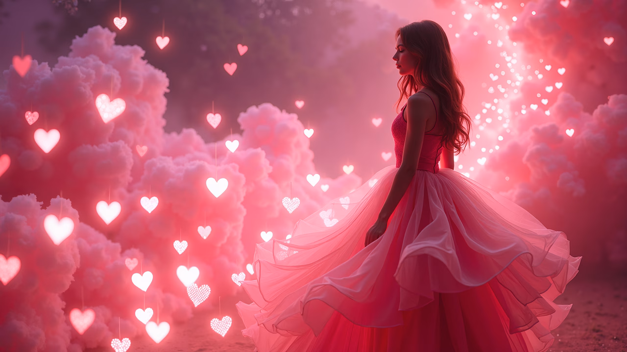 Graceful woman in pink dress surrounded by glowing hearts in a dreamy fantasy setting.