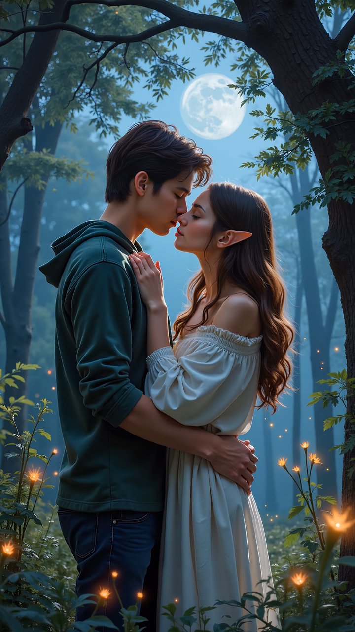 Romantic embrace under a moonlit forest with glowing fireflies.