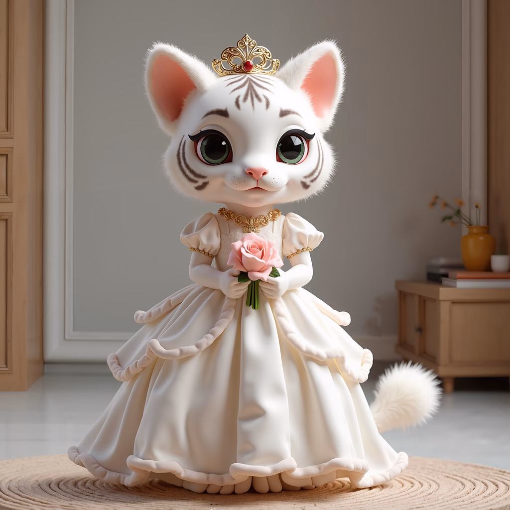 A whimsical cat dressed as a princess holding a pink rose, set against a cozy background.