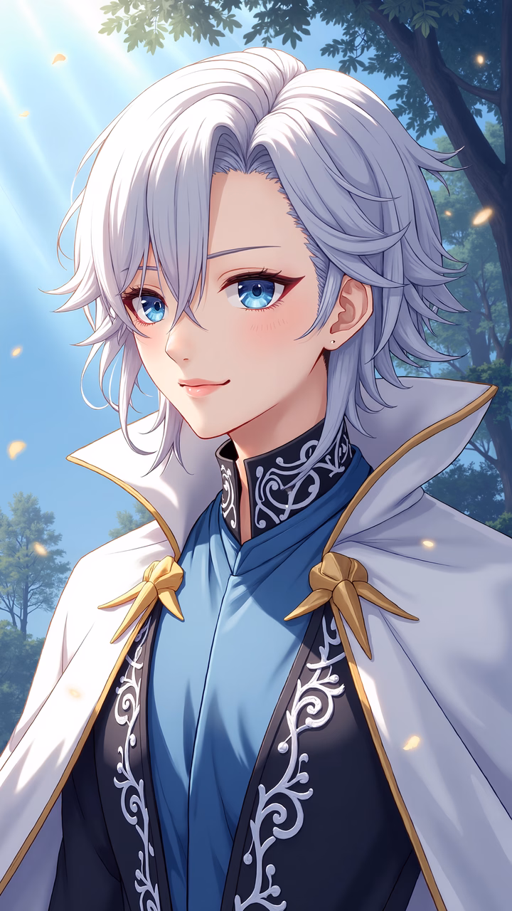 Elegant knight in a serene forest setting, wearing a white cape with gold trim and intricate embroidery.