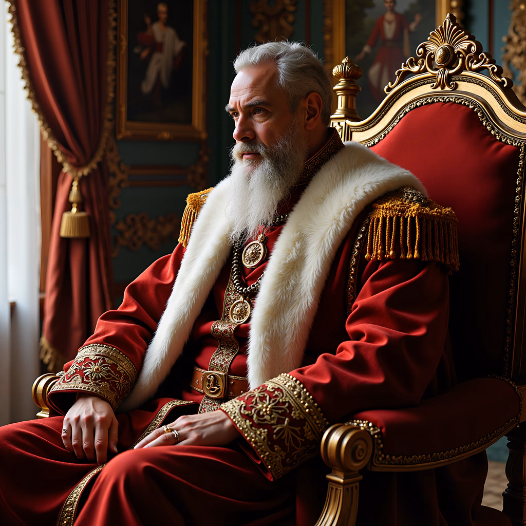 Elegant royal portrait in luxurious red and gold attire.