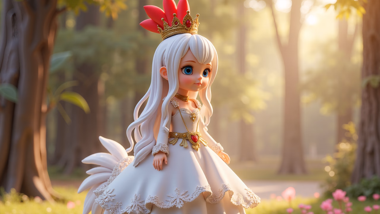 Enchanting royal princess in a forest setting, wearing a white dress and golden crown.