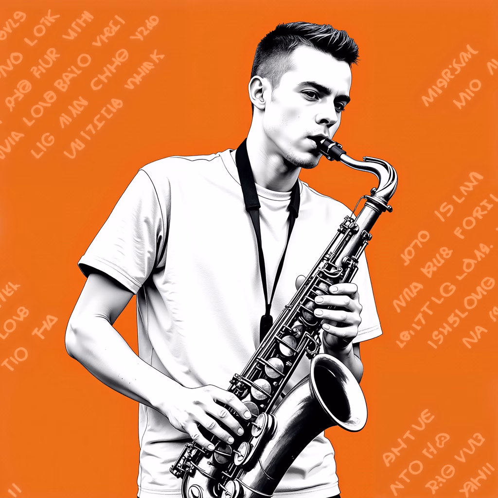 Monochrome saxophonist illustration on vibrant orange background with scattered text.