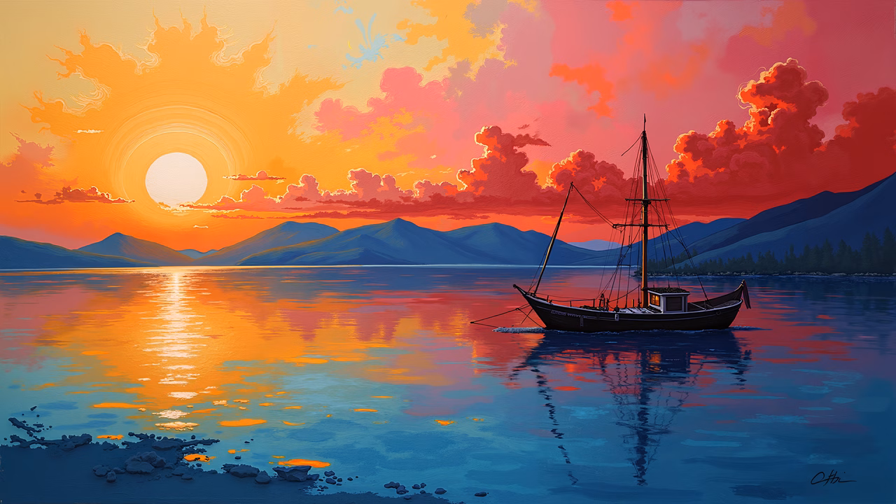 A serene sunset scene with a sailboat and vibrant colors reflecting on a calm lake.