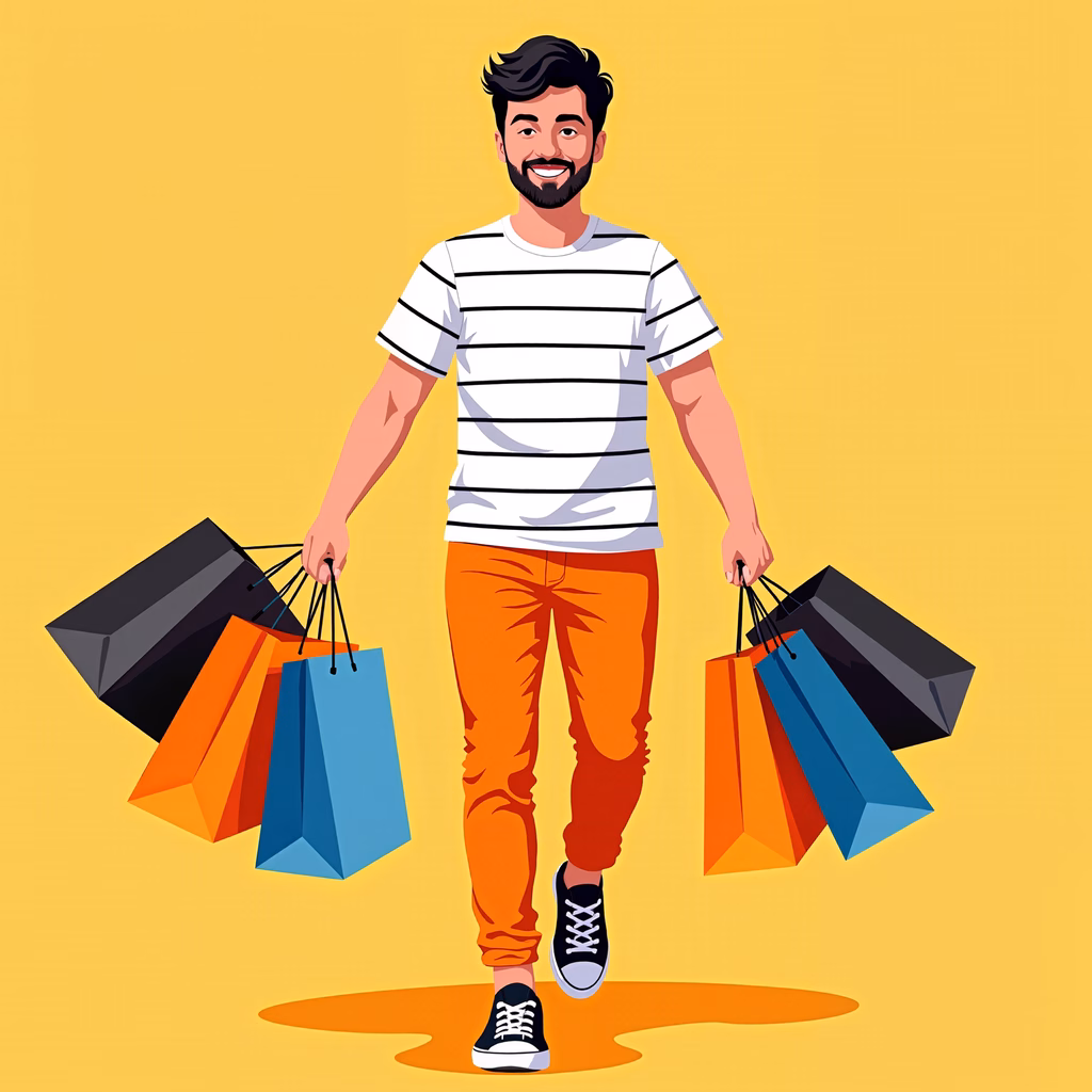 A happy shopper with colorful bags against a bright yellow backdrop.