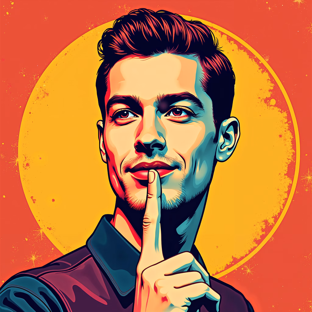 Mysterious pop art portrait with a silent gesture, bold colors, and subtle sparkles.