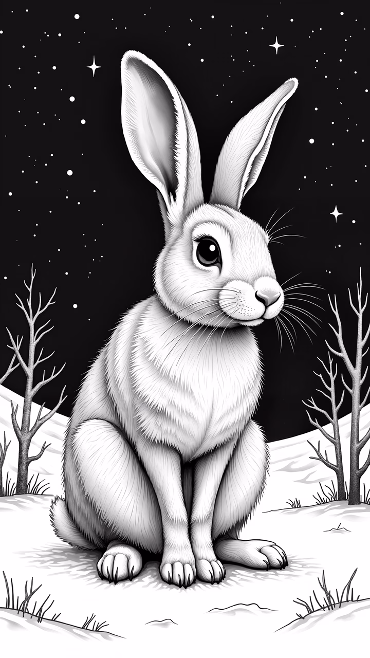 Black-and-white illustration of a snow bunny under a starry night sky, evoking a sense of tranquility and wonder.