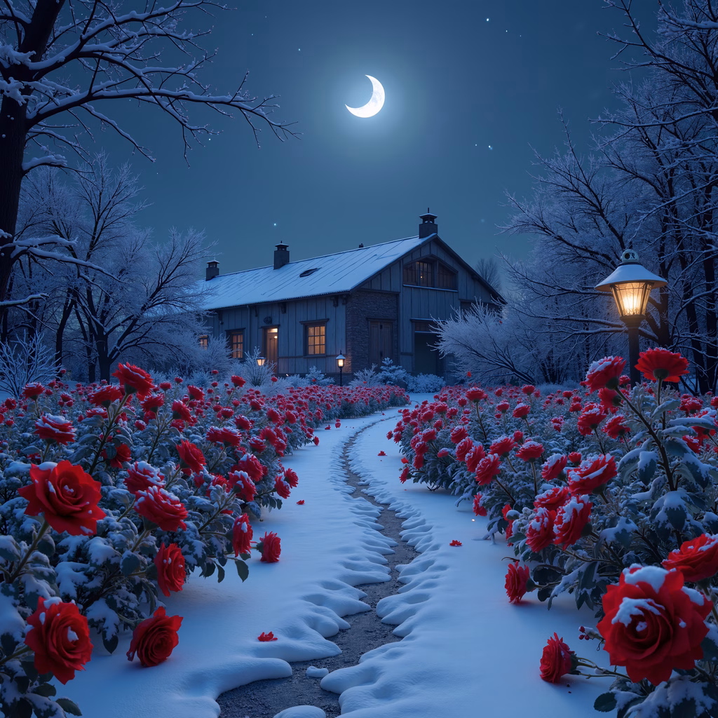 A moonlit path lined with snowy roses leading to a cozy house in a winter landscape.