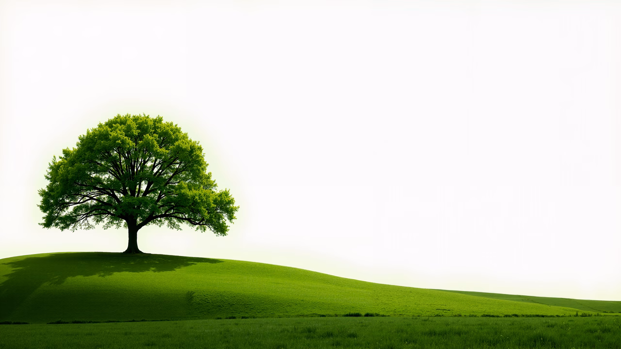 A peaceful scene featuring a single tree on a green hill, bathed in soft light.