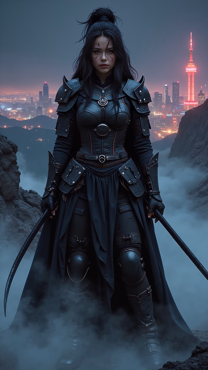 Steampunk warrior in urban mist, ready for action.