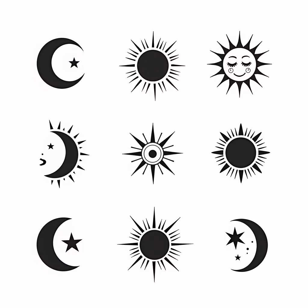 Stylized suns and moons with stars, black and white, whimsical, celestial