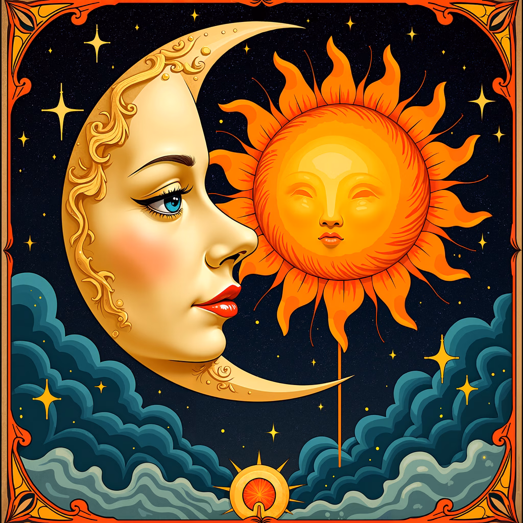 Personified moon and sun in a mystical night sky.