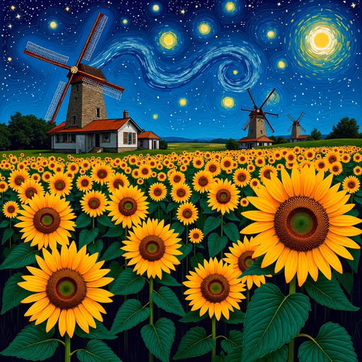 Sunflower Field with Windmills