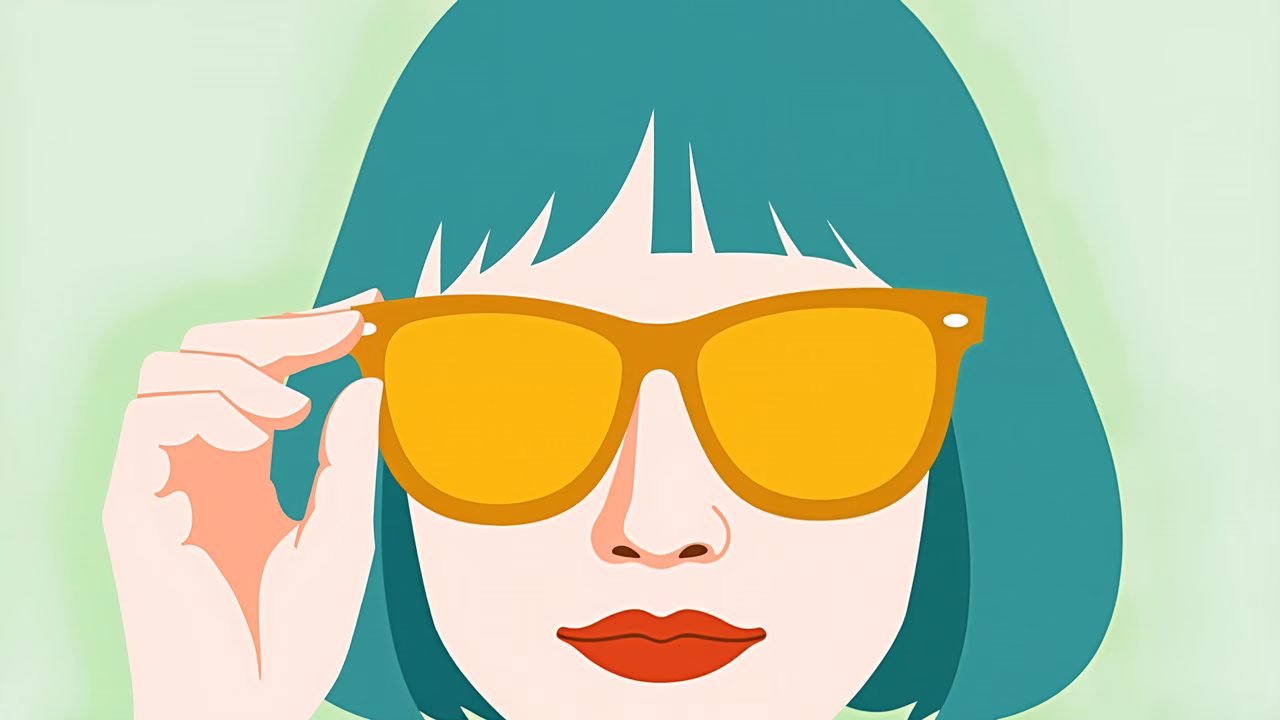Vibrant illustration of a stylish woman with teal hair and yellow sunglasses.