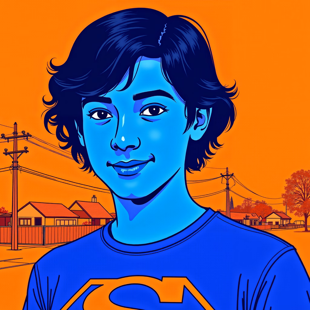 Vibrant superhero portrait with blue face and Superman logo shirt against an orange suburban backdrop.