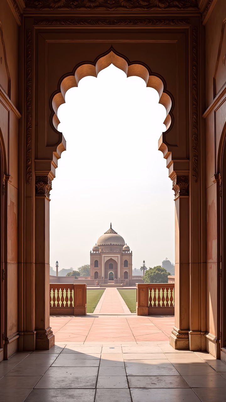 Elegant Taj Mahal framed by an archway, bathed in morning light.