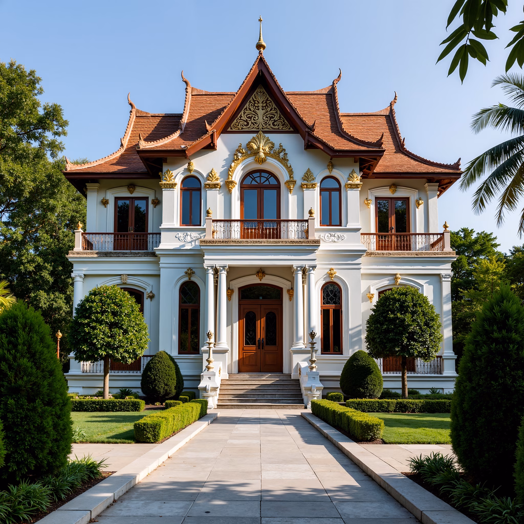 Elegant Thai-inspired mansion with intricate architecture and lush surroundings.