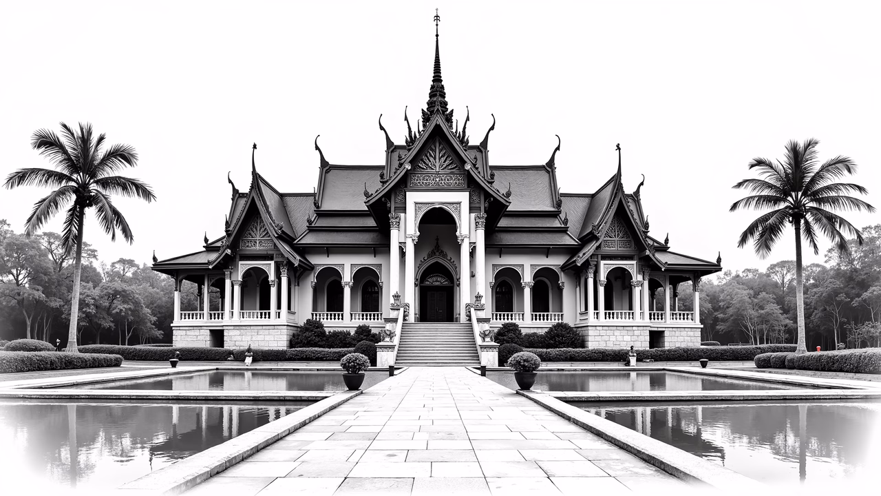 Elegant Thai temple architecture in black and white, surrounded by nature and reflecting pool.
