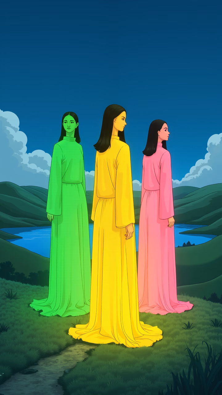 Illustration of three women in traditional ao dai standing by a lake, serene landscape, vibrant colors, traditional fashion.