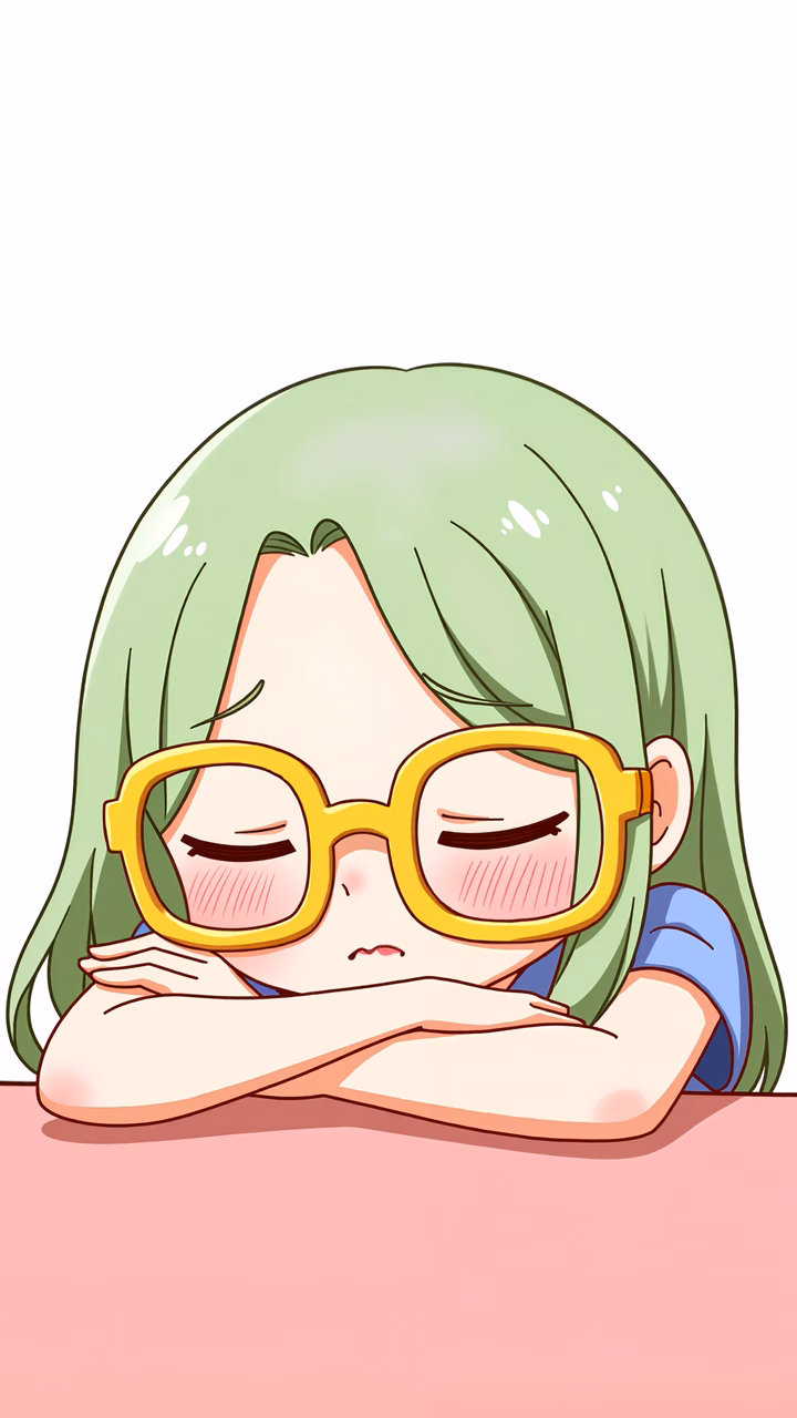 A tired girl with green hair and yellow glasses resting on a pink surface.