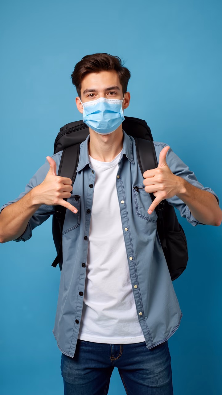 Positive traveler giving thumbs up during pandemic.