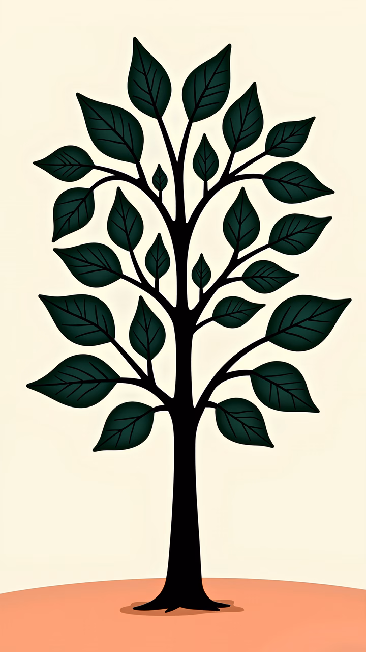 Minimalistic tree illustration with dark green leaves and a black trunk.