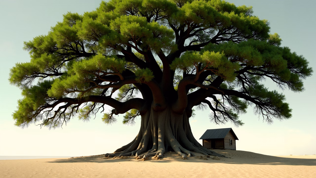 Majestic tree on sandy beach with small cabin in the distance.