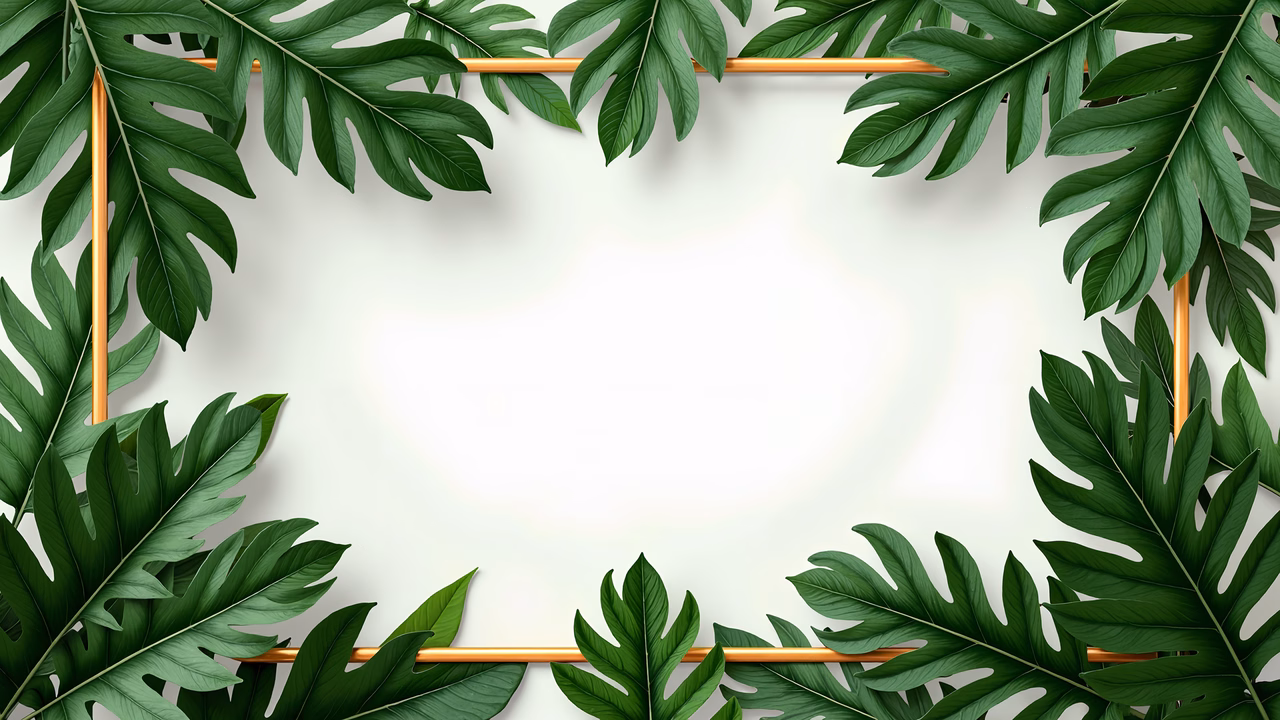 Elegant tropical frame with monstera leaves and gold accents.