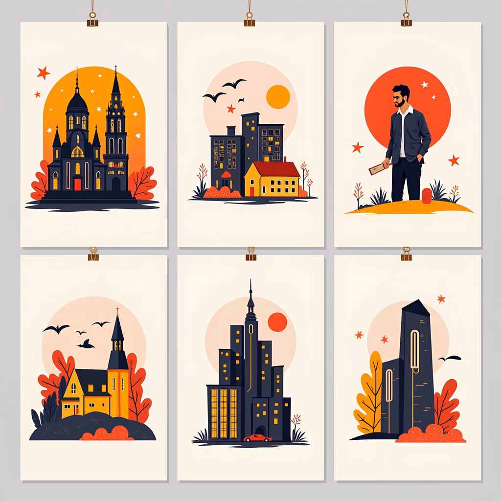 Vibrant urban illustrations featuring detailed architecture and autumnal scenes.