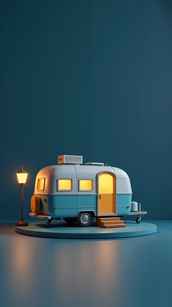A cozy vintage camper with warm lighting and pastel colors, perfect for travel enthusiasts.