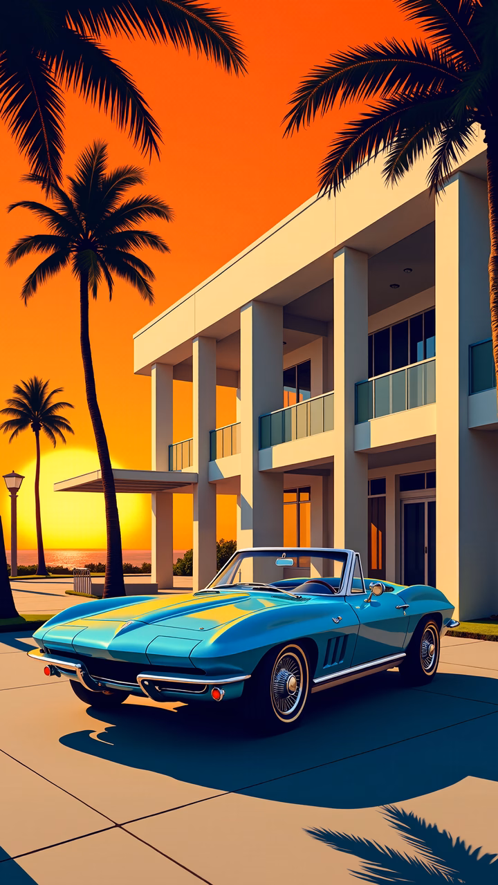 Classic car illustration with modern architecture and palm trees at sunset.