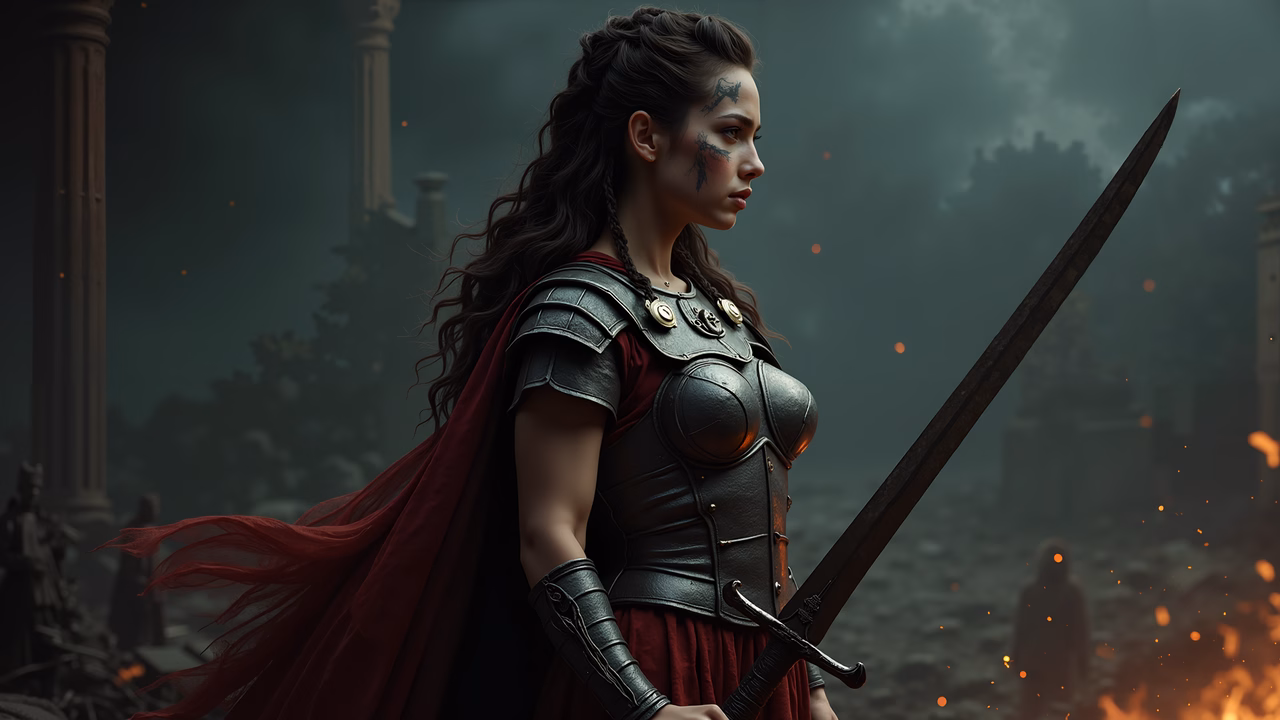 A determined warrior maiden in dark armor, standing amidst misty ruins and flickering flames.