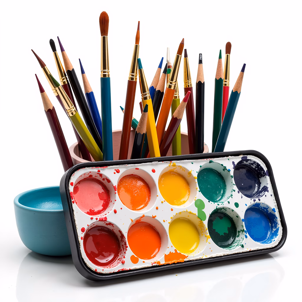 A colorful watercolor palette and brushes set up for artistic creation.