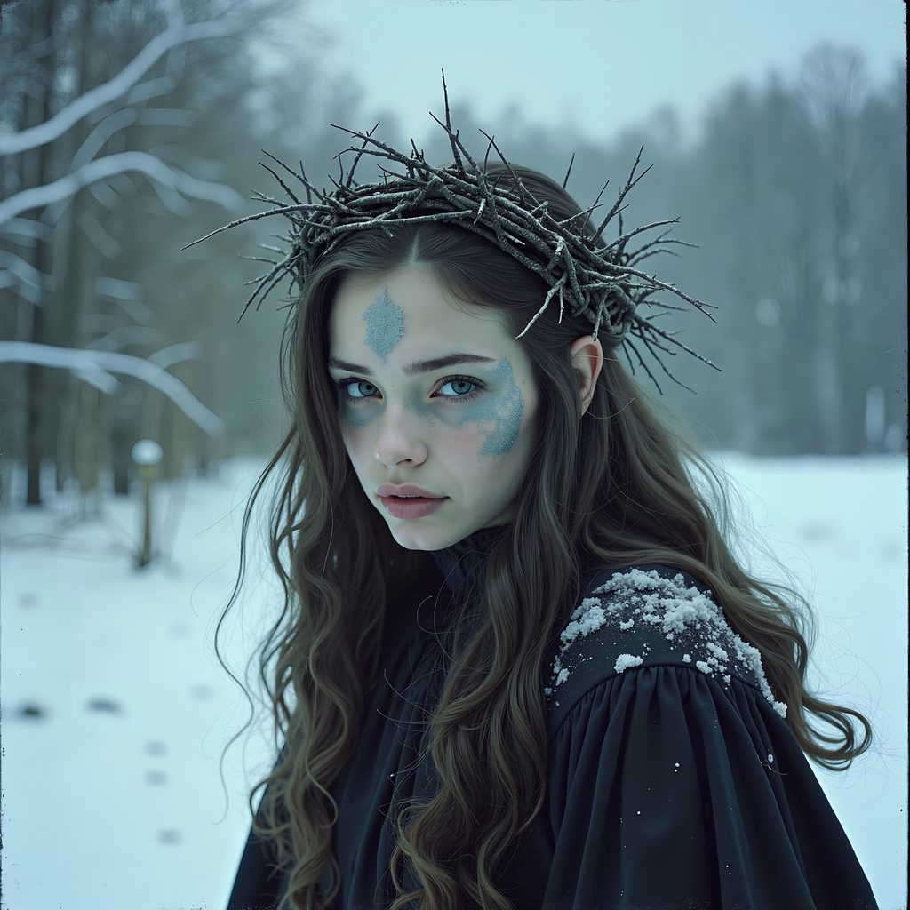 A winter queen with frosty branches and icy patterns, set against a misty forest backdrop.