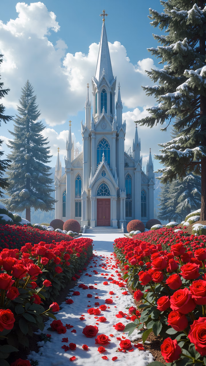 A stunning white church with red roses in a snowy landscape