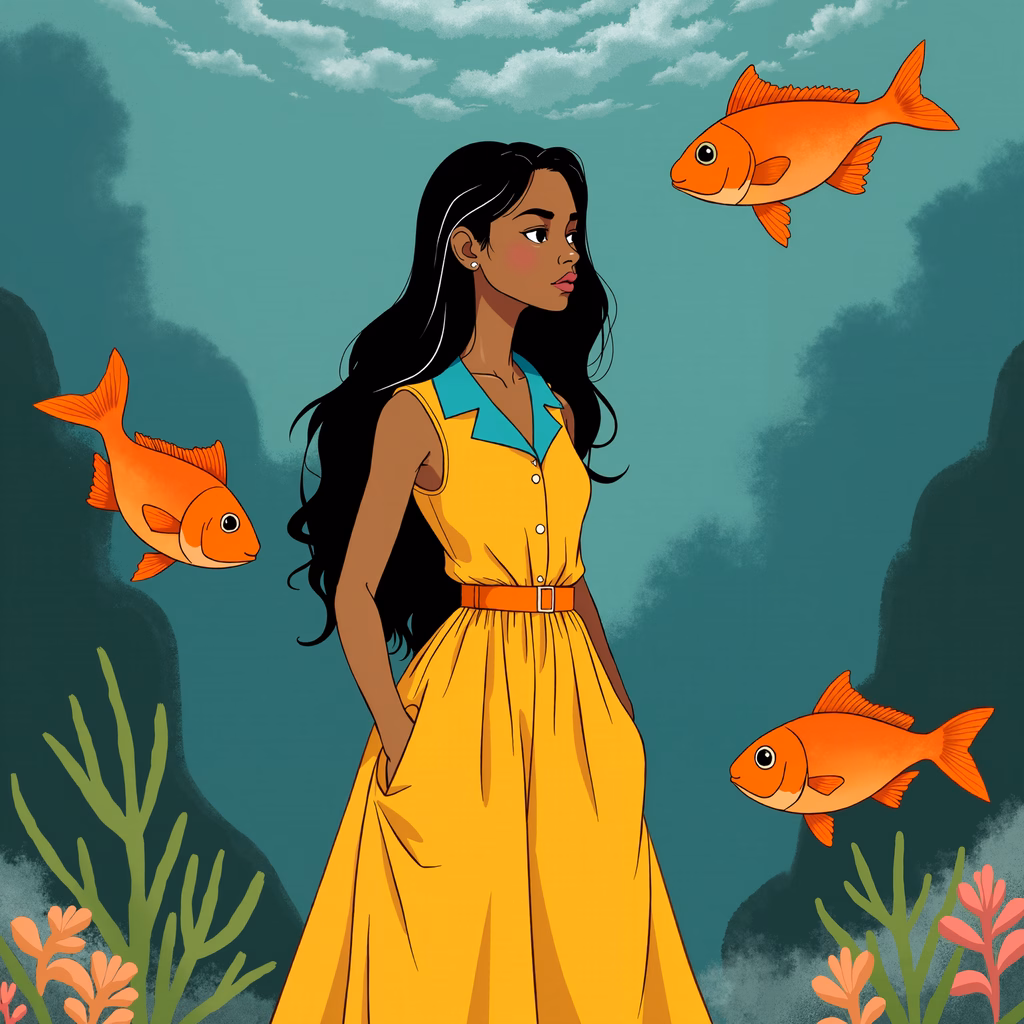 A woman in a yellow dress surrounded by orange fish in a tranquil underwater setting.