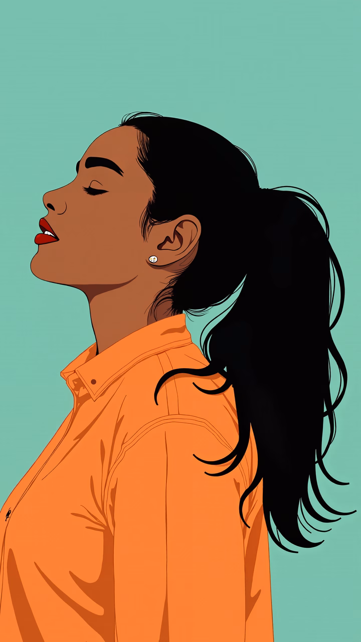 A serene portrait of a woman in an orange jacket against a light teal background.